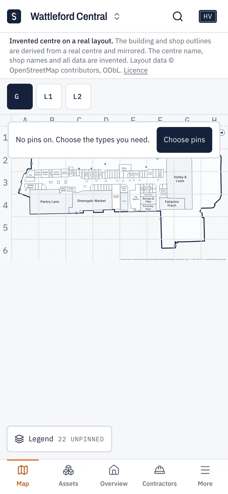 Phone showing the Wattleford Central ground floor plan with no pins and a Choose pins button