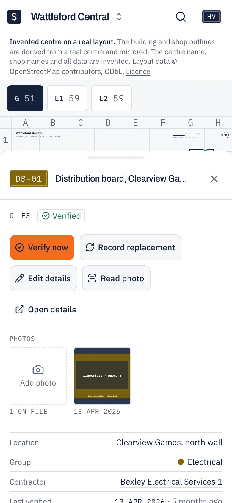 Phone showing distribution board DB-01 with its photo, location and contractor
